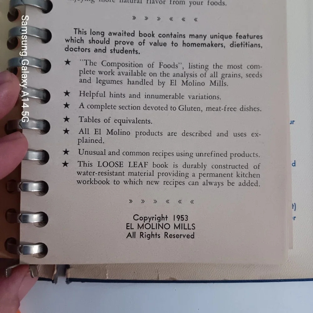 EL MOLINO Best Recipes Cookbook Vintage 1953 Whole Grain Baking Binder Mills
